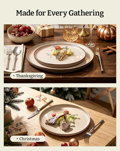 Image of Famiware Milkyway Stoneware Dinnerware Set, 18-Piece, Double Reactive Glaze, Plates and Bowls, Service for 6, Microwave and Dishwasher Safe, Scratch-Resistant, Light khaki