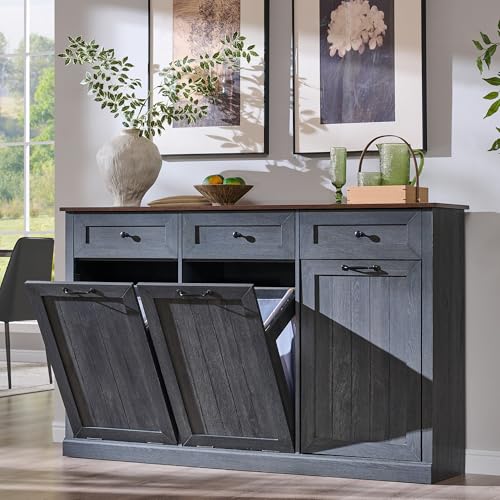 Image of IFGET Triple Tilt Out Trash Cabinet, Wood Trash Can Cabinet, Dark Grey