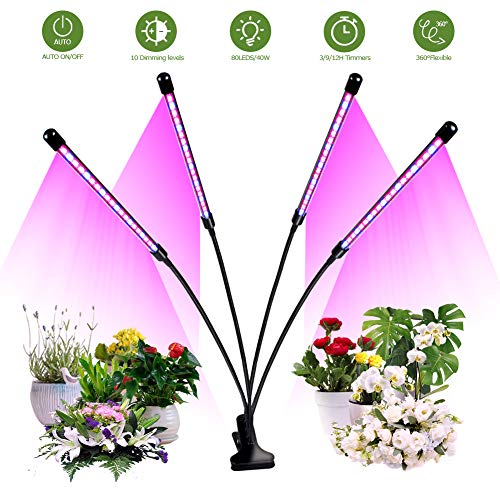 Preisvergleich Produktbild CHAIRLIN Pflanzenbeleuchtung Pflanzenlampe 40W Pflanzenlicht Pflanzenleuchte Blumenlampe mit 4 Heads, 3 Timer, 8 Dimmbare Helligkeiten mit Klemme 360° Einstellbar Kopf