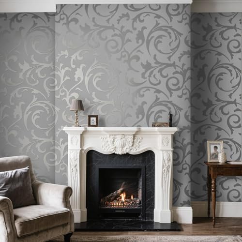 Swehooirt Silver Grey Wallpaper for Living Room Feature Damask Bedroom Wallpaper for Adults Retro Leaf Slight Glitter Kitchen Wallpapers for Hallway Dining Room