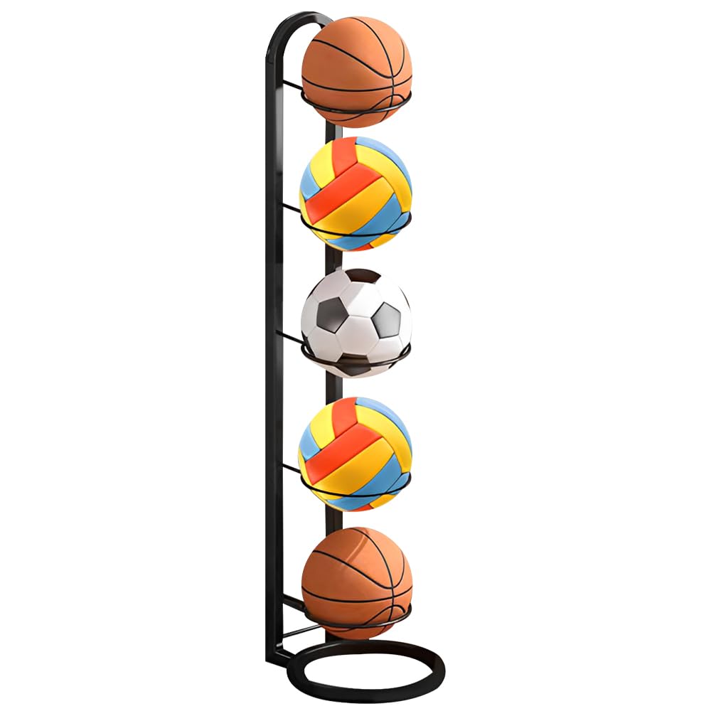 Gobesty Ball Storage Rack, 5 Tier Metal Football Stand, Vertical Removable Durable Ball Rack Display Stand, Multifunctional Football Holder for Basketball Football Soccer Volleyball Outdoor Indoor