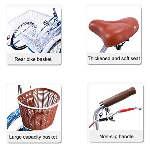 Retro-Dreirad für Erwachsene, Trike, Cruise-Fahrrad, 20-Zoll-Rad, Singlespeed, 3-Rad-Fahrrad mit großem Korb zum Einkaufen, Erholung, Übung (Blau) – Bild 7