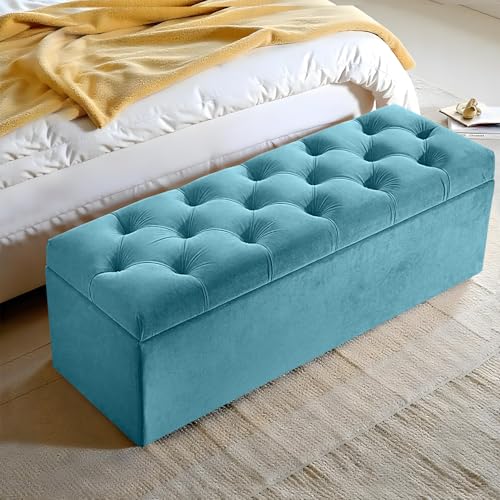 Harveys Living Chesterfield Ottoman Storage Box - Diamond Button Style Engineered Wood Luxurious Plush Velvet Ottoman Storage Bench - (Teal, No Legs)
