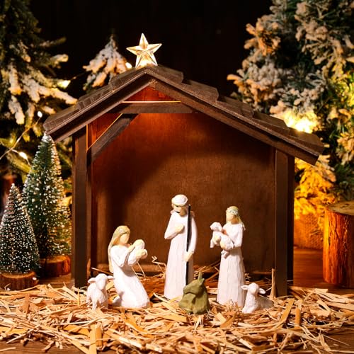 Wenqik Christmas Nativity Stable with LED Star Light 10.8 Inch Wooden Manger for Nativity Scene Nativity Creche Stable Home Desk Decor for Holy Family (Without Figurines and Batteries)
