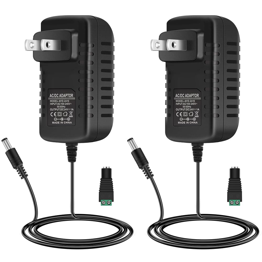 24V Power Supply, 1A 24W LED Lights Power Adapter, 100-240V AC to 24V DC Transformer for LED Strip Lights, Wall Plug Power Supply with 5.5/2.1 DC Female Barrel Connector (2 Pack)