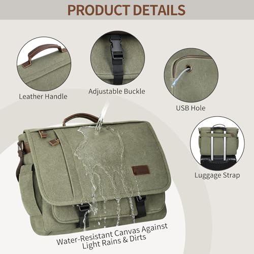 Image of ESTARER Men's Messenger Bag 17.3 Inch, Water-resistant Canvas Laptop Bag, Computer Shoulder Bag for College Travel Work, Army Green