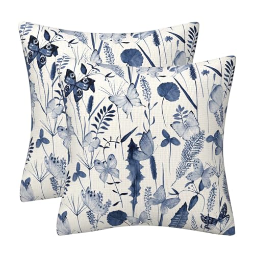 DILOXNSU Cushion Covers 45 x 45 cm Navy Blue Plants Butterflies Set of 2 Double Sided Pillow Covers 18x18 Inch Decorative Linen Home Decorations Cushions Cases for Sofa Couch Garden Decor