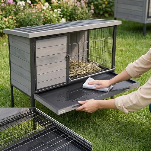 PawHut Elevated Rabbit Hutch with Pull-Out Tray, Wooden Bunny House Rabbit Cage for Outdoor Indoor Use, Openable Plastic Roof, Light Gray - Image 4