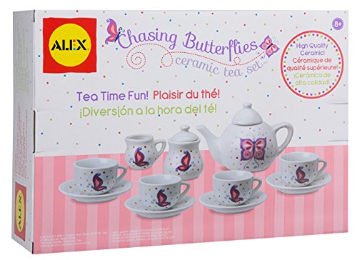 Alex Chasing Butterflies Ceramic Kids Tea Set, 13 Piece,Includes 4 teacups, 4 saucers, tea pot with lid, sugar bowl with lid and creamer - Image 2