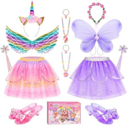 Jeowoqao Kids Princess Dress Up Clothes, Toddler Girls Dressup Pretend Play Costumes, Tutu Skirt, Butterfly Wings, Princess Shoes Toys for Ages 3 4 5 6