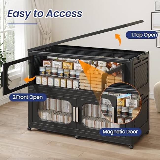 150GAL Extra Large Storage Bins with Lid, 600QT Stackable Storage Bins with Wheels, Collapsible Closet Organizer and Storage, Folding Plastic Storage Cabinet for Home Office Dorm,3Pack Black