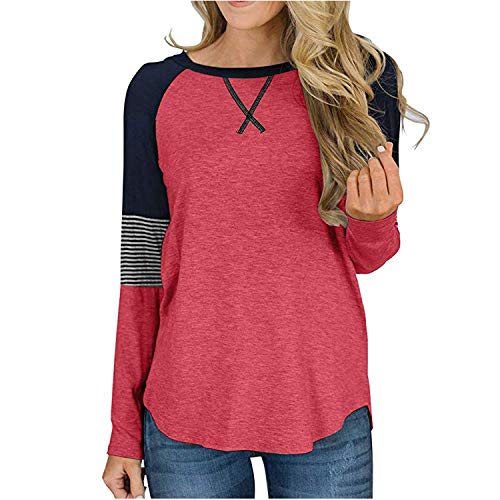 Women's Color Block Crew Neck Tunic Tops Casual Long Sleeve Pullover Shirt Blouse Red
