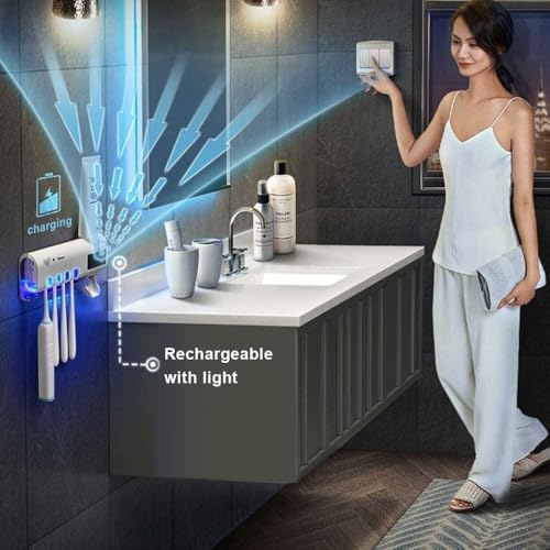 Image of UV Toothbrush Holder with Toothpaste Dispenser - Wall Mounted, 2 Compartments, Automatic Sterilizer, White
