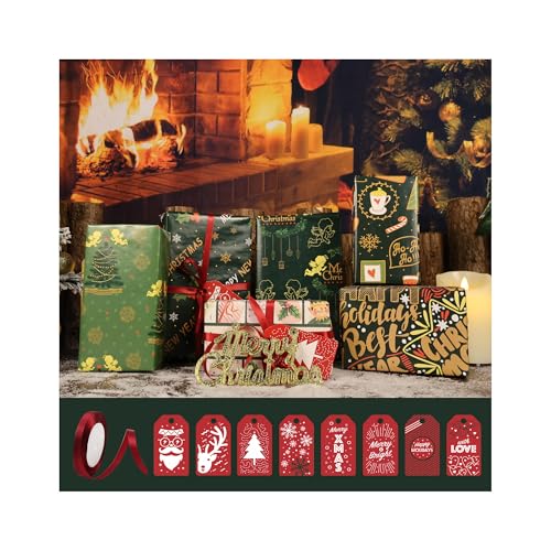 Papel de Regalo Navidad 6 Hojas de Papel Kraft Reciclado con Cinta y Etiquetas Set de Regalo Navideño Elegante para Mujeres Hombres Niñas y Niños Papel de Regalo Navidad 6 Hojas de Papel Kraft Reciclado con Cinta y Etiquetas Set de Regalo Navideño Elegante para Mujeres Hombres Niñas y Niños