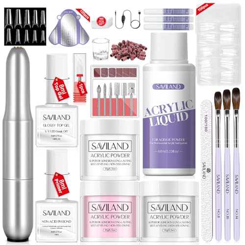 SAVILAND Acrylic Nail Kit for Beginners with Everything, White Pink Clear