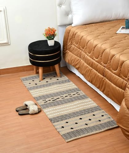 FAARIA Home Elegant 100% Pure Cotton Hand-Woven Carpet Runner for Bedroom, Living Room, Kitchen, Enhanced Decor | Style: Modern | Size: 2x5 Feet | (Beige & Black Design)