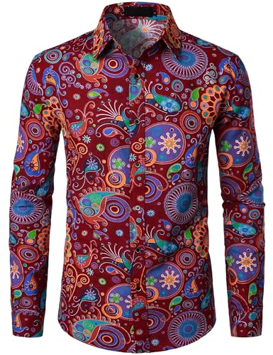 Chemise homme coton et lin bordeaux style rétro années 70 de qualité supérieure