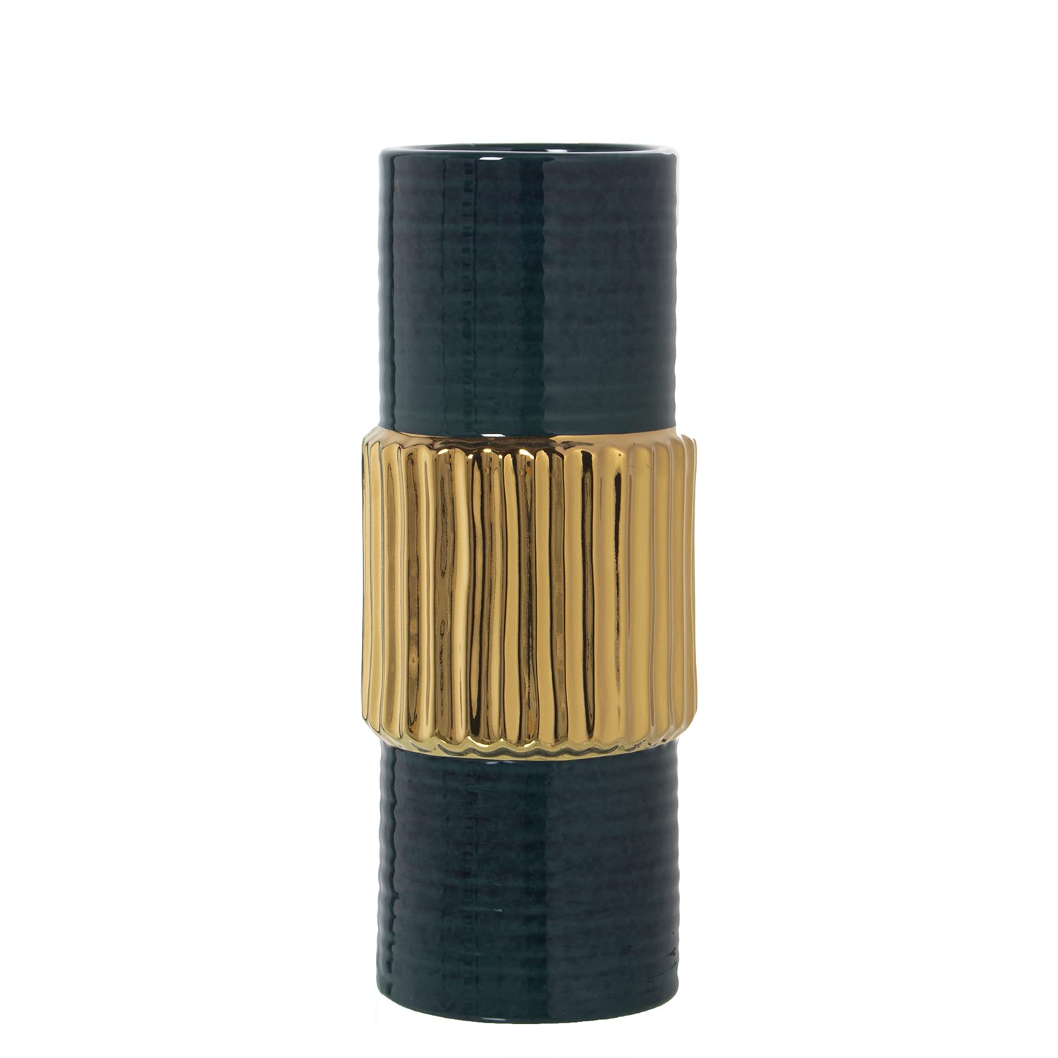 Vase en céramique vert foncé et or 33cm | Objet d'art élégant pour salon raffiné