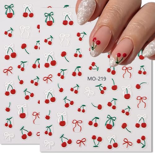 Cherry Nail Stickers 2 Sheets Cute Nail Decals Stickers for Nails Art with Bow Red Cherry Design Self-Adhesive DIY Nail Art Decoration Nail Decals for Nail Art for Woman Girls