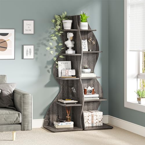 Tribesigns Corner Shelf, Modern 5-Tier Wall Corner Bookshelf, Stylish Corner Small Bookcase Storage Rack Plant Stand with Unique Shape for Living Room, Home Office, (1PC, Gray) - Image 5