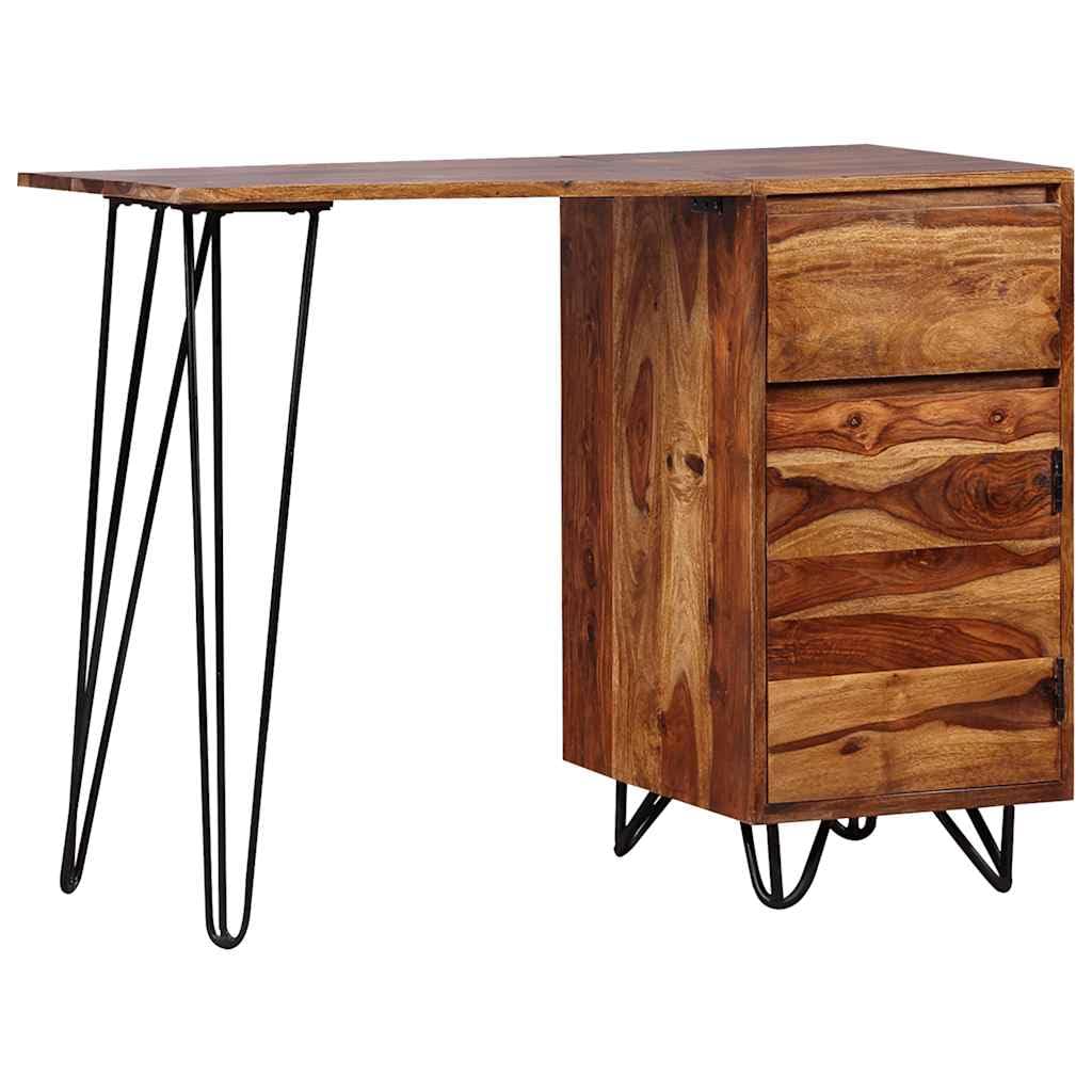 Scrivania in legno massello di acacia con cassetto e armadietto, tavolo consolle per ufficio e studio, design industriale con gambe in acciaio per postazione lavoro smartworking casa