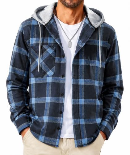 Image of SCODI Mens Flannel Hoodie Shirt Casual Button Down Plaid Long Sleeve Shirts