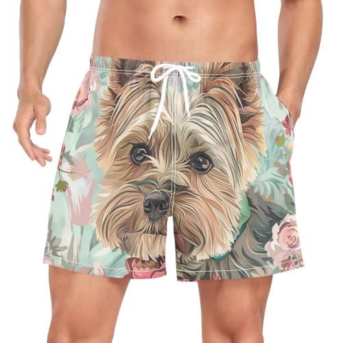 Estilo bohemio floral en este bañador de secado rápido para hombre con lindo perro