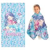 YESCUSTOM Personalized Name Bath Towel Blue Mermaid,Custom Monogrammed Shower Towel for Kids Girls,C