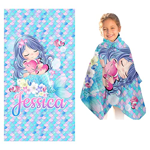 Yescustom Personalized Name Bath Towel Blue Mermaid,Custom Monogrammed Shower Towel For Kids Girls,Customizable Beach Towel Microfiber Quick Dry Cotton Bath Towel For Swimming #TOP7