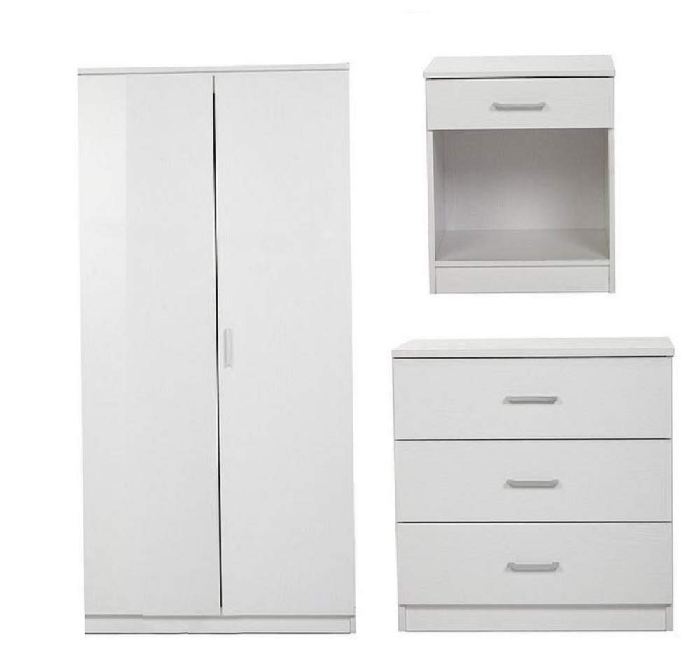 GB FurniturePANAMA RANGE 3 PIECE SET 2 DOOR WARDROBE BEDSIDE TABLE DESK DRAWER CHEST BEDROOM (White)