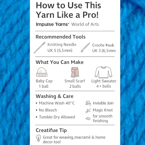 Image of WOAFashions Impulse Hand Knitting & Crochet Yarn, Premium Acrylic, 4 : Medium (Azure Blue) (2x100gms / 3.5oz / 200mtr / 218yds)