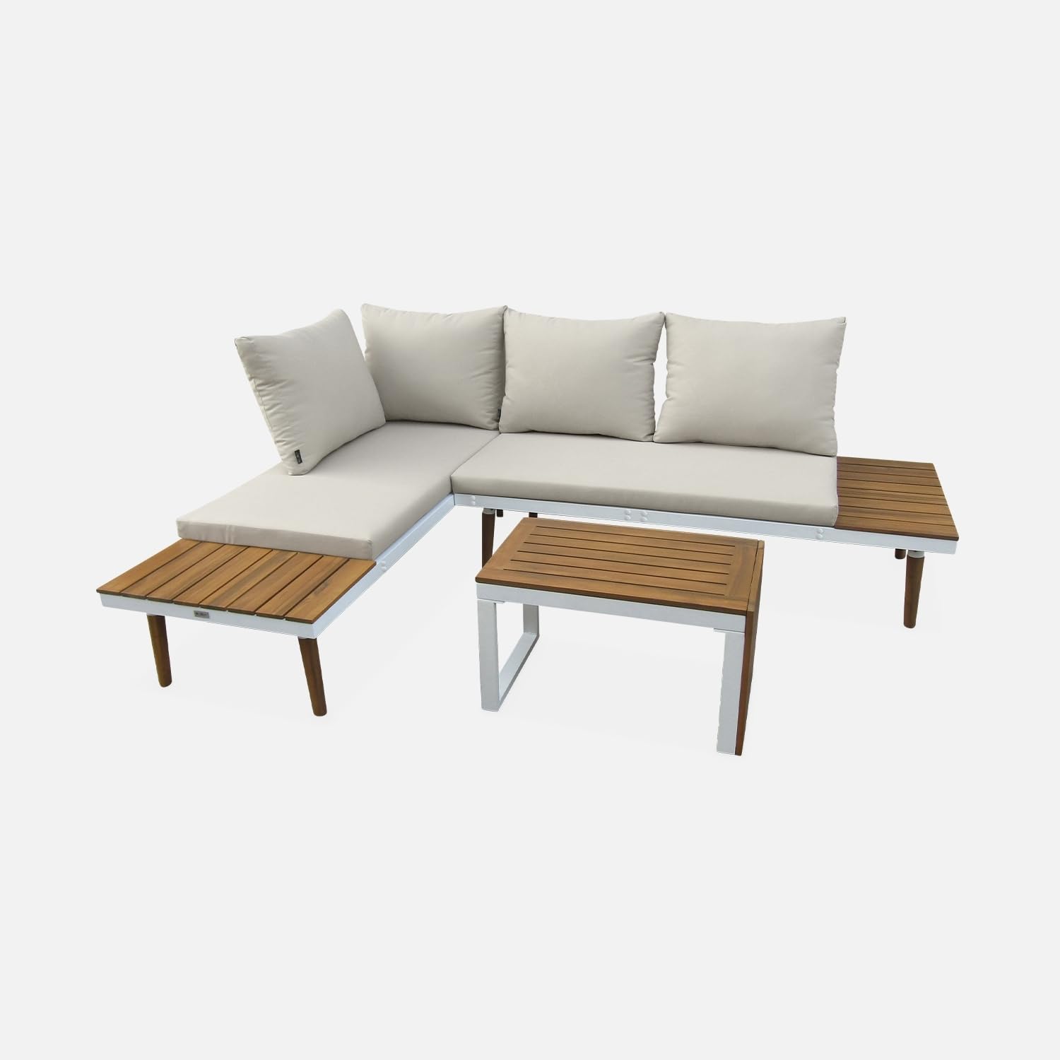 Alice's Garden - Salon de Jardin Beige et Blanc modulable en Aluminium et Bois d'acacia. 4 Places. Sao Paulo.140 x 68 x 65cm