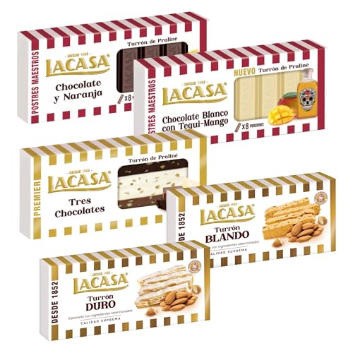 Surtido Turrones Lacasa: 5 tabletas de turrón variadas: Blando, Duro, Chocolate blanco con tequi mango, Chocolate y naranja y Tres chocolates