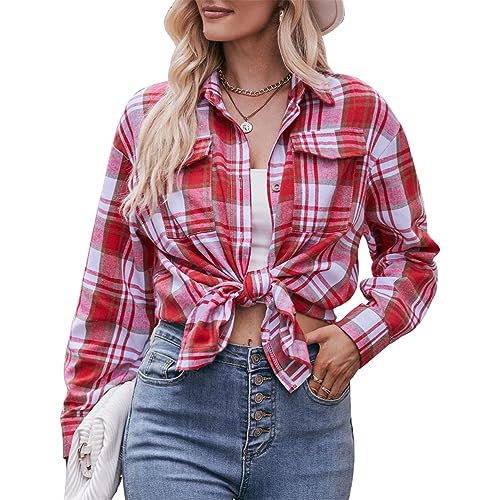 seiveini Chemise à Carreaux Femme Manches Longues Blouse Chemisier Ecossaise en Flanelle Classique Automne Printemps A Rouge S