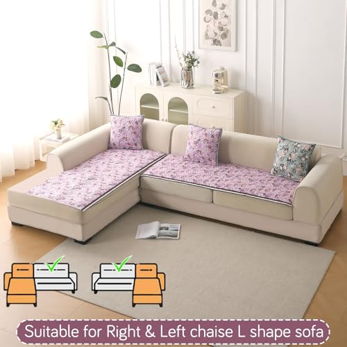 Image of HOKIPO 'Florentina Series' Foam Filled Holland Velvet L Shape (2+2 Seater) Sofa Cover Seat Mat with Anti-Slip Backing, Peony Lavender (IN-879+880-V6)