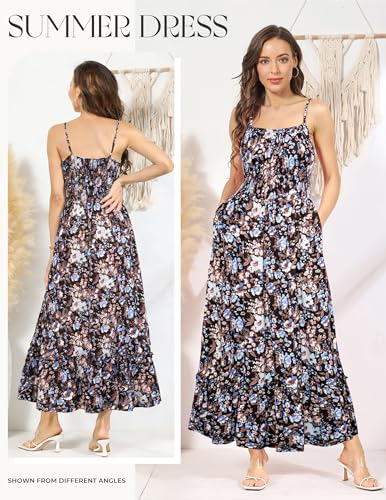 Image of GRACE KARIN Summer Dresses for Women 2026 Vacation,Smocked Floral Maxi Dress,Boho Beach Sundress with Pocket Fashion Clothing