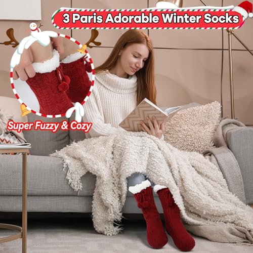 Image of Lonfliness 3Pairs Slipper Fuzzy Socks for Women Fluffy Cozy Cabin Socks Warm Soft Sock Cute Winter Sock With Grips Red Black Gray Fluffy Slipper Christmas Fuzzy for Women Teen Girls