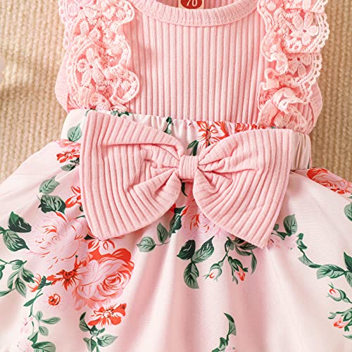 Cute Infant Baby Girls Romper Patchwork Jumpsuit Flower Print Lace Ruffled Bowknot Front Dress Romper Headband (Pink, 0-3 Months) #TOP4