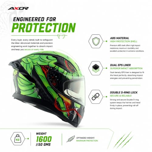 Image of Axor Apex Venomous ISI ECE DOT Certified Full Face Dual Visor Helmet for Men and Women with Pinlock Fitted Outer Clear Visor and Inner Smoke Sun Visor Dull Black Neon Green(M)