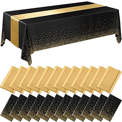 Image of Breling 24 Packs Black and Gold Disposable Plastic Tablecloths and Satin Table Runner Set, 54 x 108 Inch Tablecloth, 12 x 108 Inch Table Runners for Wedding Graduation Birthday Baby Shower