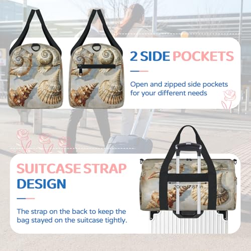 Summer Beach Theme Travel Duffel Bag for Women and Men, Starfish Seashells Sport Tote Gym Bag Carry on Weekender Overnight Bags4