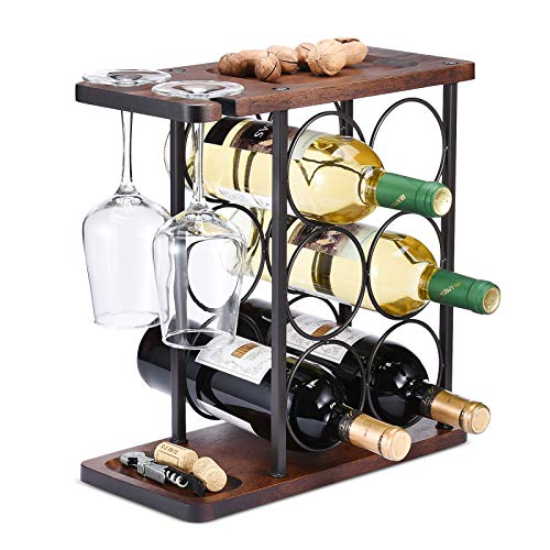 Wine Rack with Glass Holder, Countertop Wine Rack, Wooden Wine Holder with Tray, Perfect for Home Decor & Kitchen Storage Rack etc (Hold 6 Bottles and 2 Glasses)