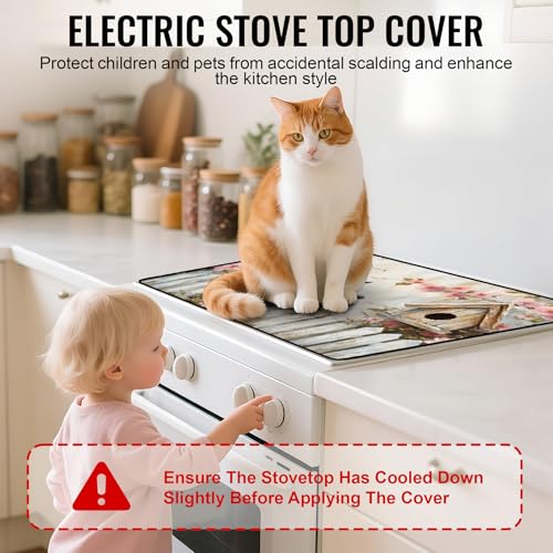 Image of NYZE Stove Cover for Electric and Glass Stove Tops 3-in-1 Stove Mat, Heat Resistant Counter Protector Mat, Non-Slip Surface & Drying Rack (Spring Birdhouse, 28.5 inchLx20.5 inchW)
