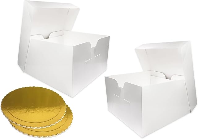 Pack of 2 White cake boxes with golden cake boards - 10inch sturdy cake box with removable lid - large cake boxes for transporting cakes, pies, Muffins, and Donuts safely from dust and moisture