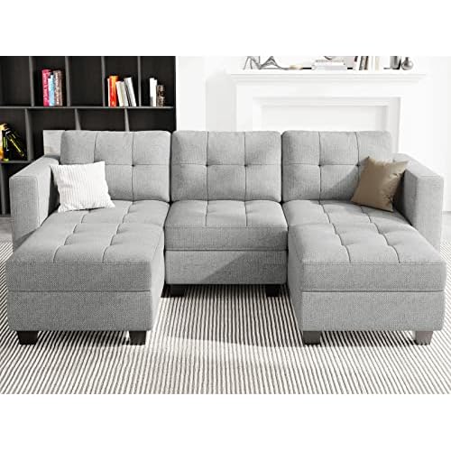 Belffin U-Shaped Sectional Sofa, Light Grey, 58.3"W x 90.2"L x 33.5"H, Reversible Chaise Lounge, Sturdy Solid Wood Frame, Plush Woven Fabric, Hidden S
