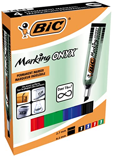 BIC Marking Onyx 1481 Marqueurs Permanents à Pointe Moyenne Biseautée - Couleurs Assorties, Etui Carton de 4