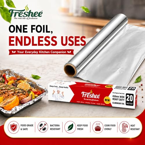 Image of Freshee 20m Heavy Duty Aluminium Foil Roll 45cm Extra Wide Silver 18 Micron Thick, Food Wrapping Paper roll, Kitchen, Disposablel for Food Delivery, Keeps Food Fresh & Hot for Long