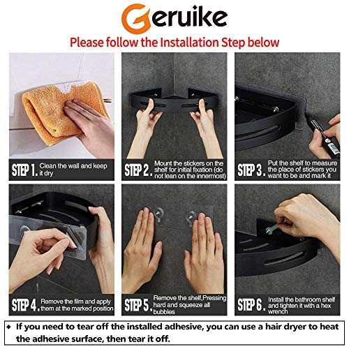 GERUIKE Bathroom Corner Shelves No Drilling Adhesive Shower Shelf Matt Black Shower Caddy Basket Wall Mounted Shower Storage for Kitchen & Bathroom Organiser 2 Pack, Aluminium - Image 6