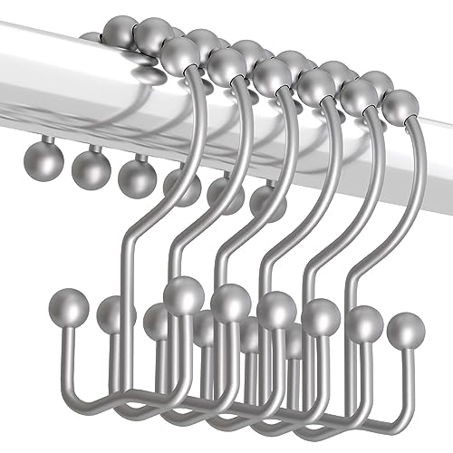 Image of Titanker Shower Curtain Hooks Rings, Rust-Resistant Metal Double Glide Shower Hooks for Bathroom Shower Rods Curtains, Set of 12 Hooks - Space Silver