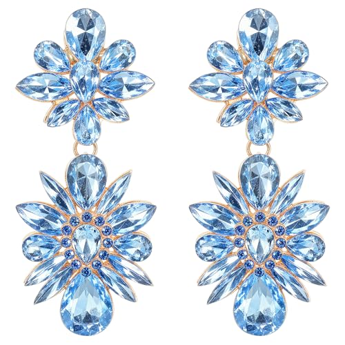 Shimmeroo Pendientes colgantes azules para mujer, aretes colgantes bohemios con diamantes de imitación para bodas, novias, regalos de joyería